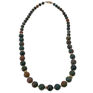 Green blood agate necklace beaded graduated beads gold filled clasp